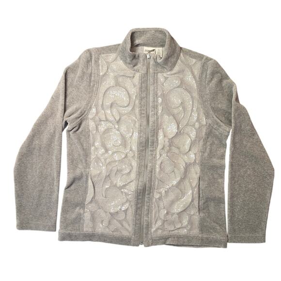 Chicos Zenergy Sweater Size 2/L Gray Full Zip High Neck Sequin Sweatshirt‎ - Picture 2 of 5